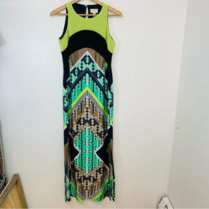 Prelude Maxi Knit Sleeveless Dress Small Colorful Geometric Key Hole Side‎ Slit